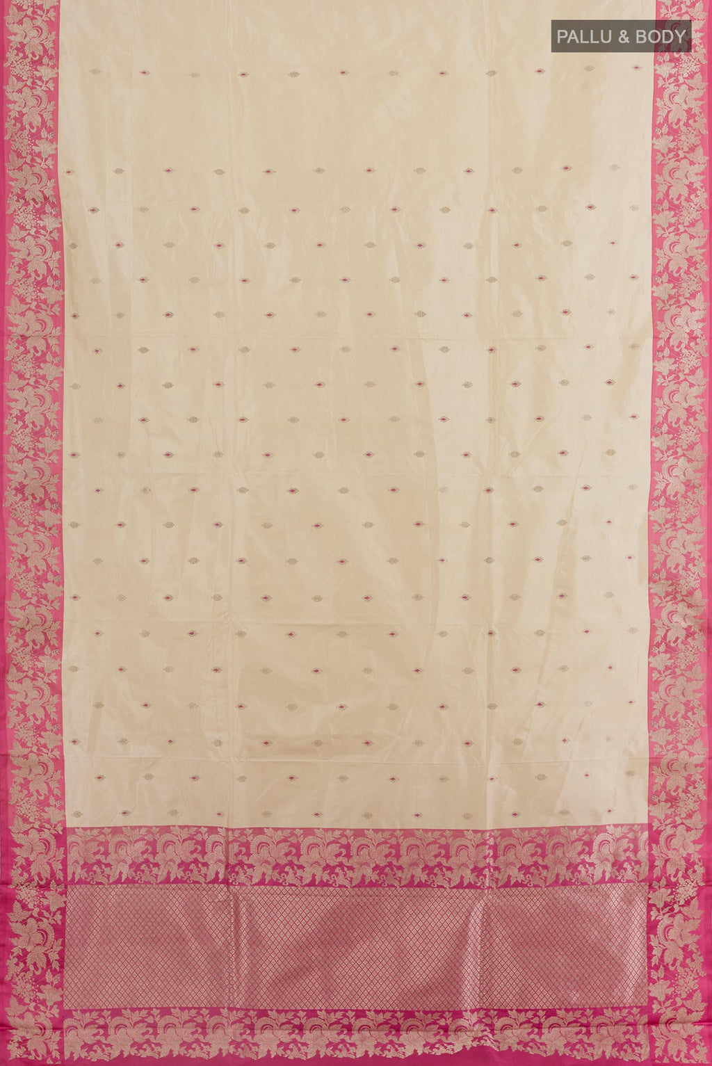 Flat view of Off White Banarasi Katan Silk Saree with Zari Butta on the body and Zari Border. 