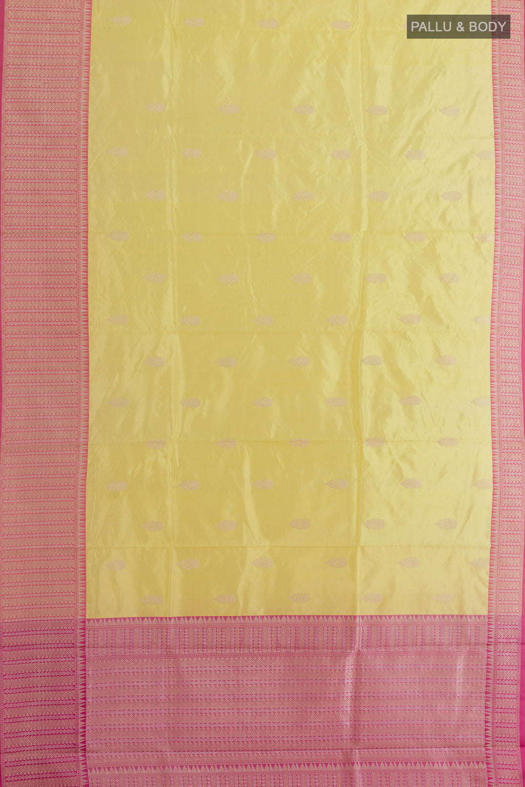 Flat view of Lemon Yellow Banarasi Katan Silk Saree with Zari Butta on the body and Zari Border. 