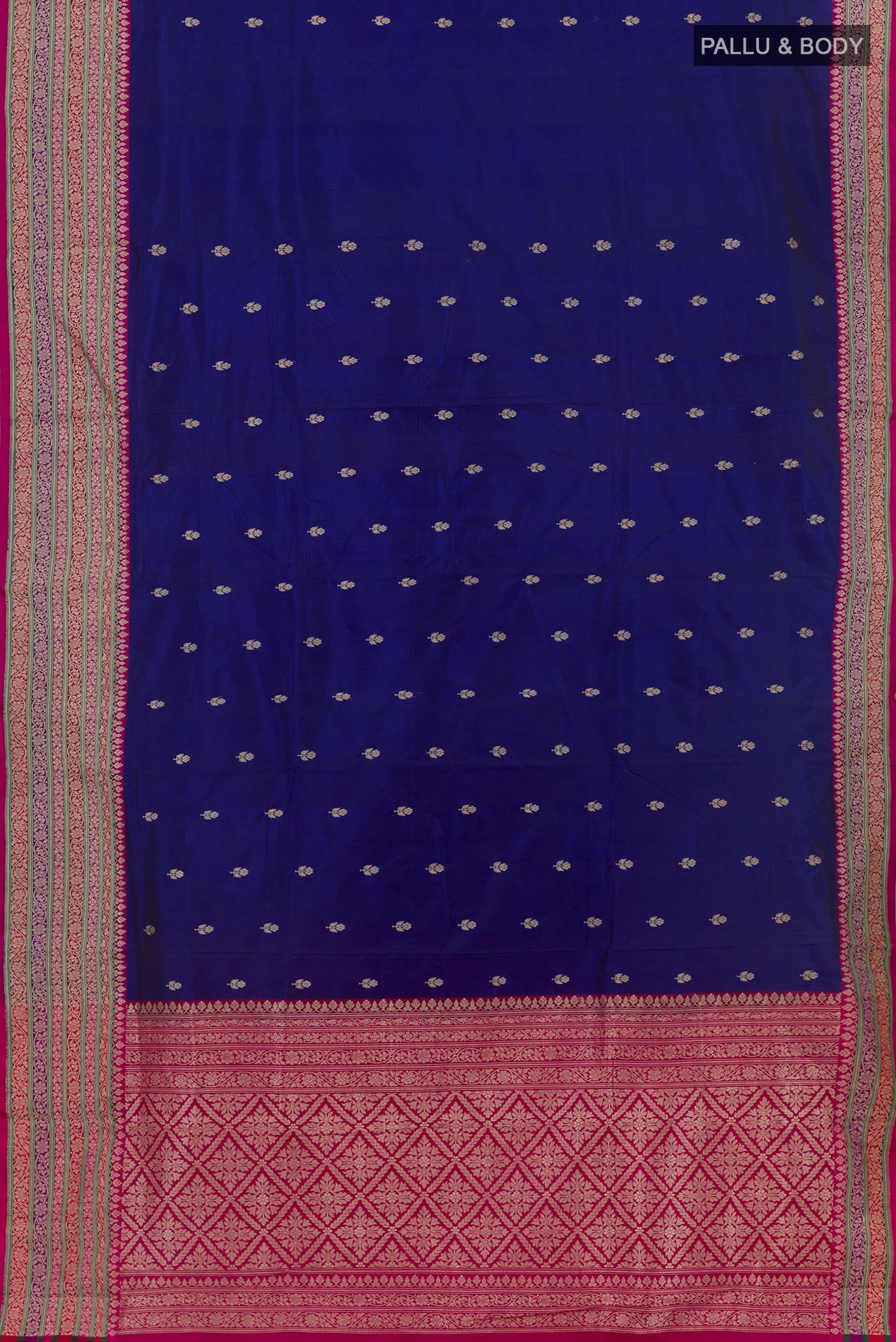 Flat view of Blue Banarasi Katan Silk Saree with Zari Butta on the body and Zari Border. 