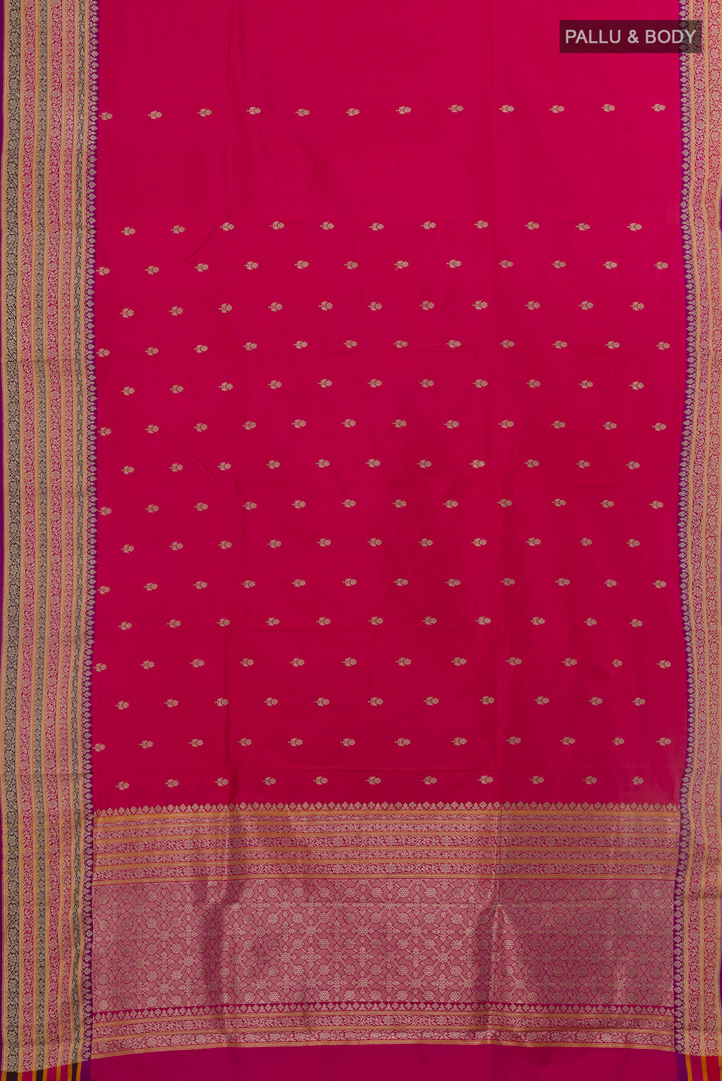 Flat view of Pink Banarasi Katan Silk Saree with Zari Butta on the body and Zari Border. 