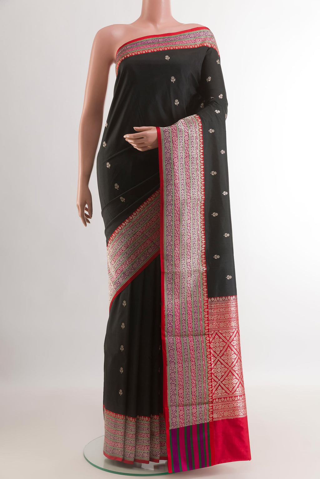 Black Banarasi Katan Silk Saree with Zari Butta on the body and Zari Border.  displayed on a mannequin