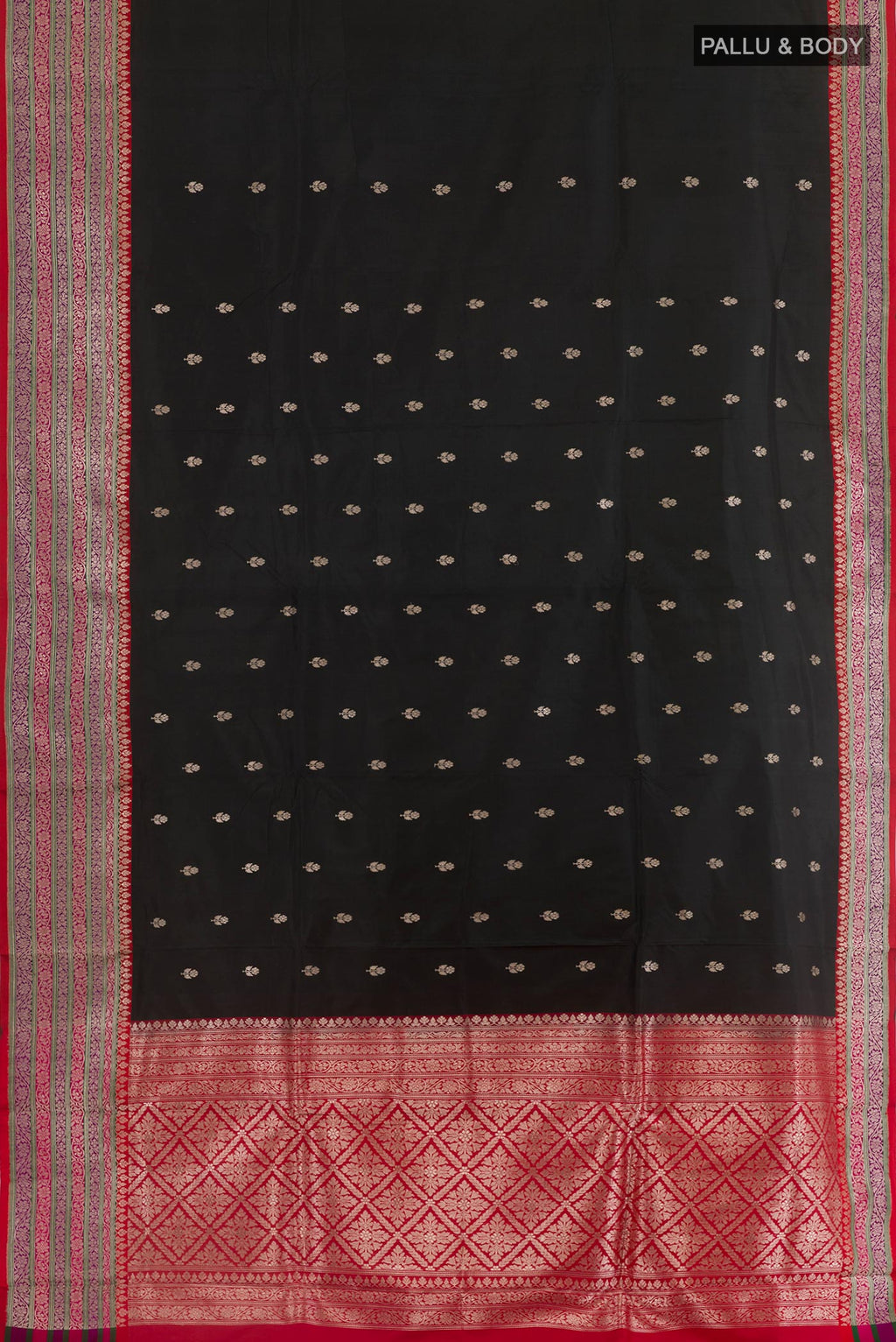 Flat view of Black Banarasi Katan Silk Saree with Zari Butta on the body and Zari Border. 