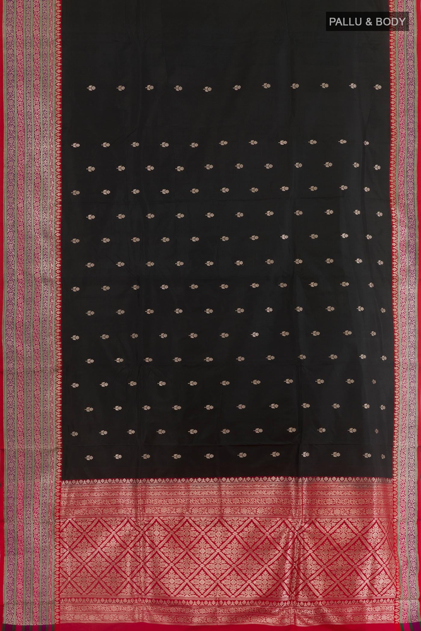Flat view of Black Banarasi Katan Silk Saree with Zari Butta on the body and Zari Border. 