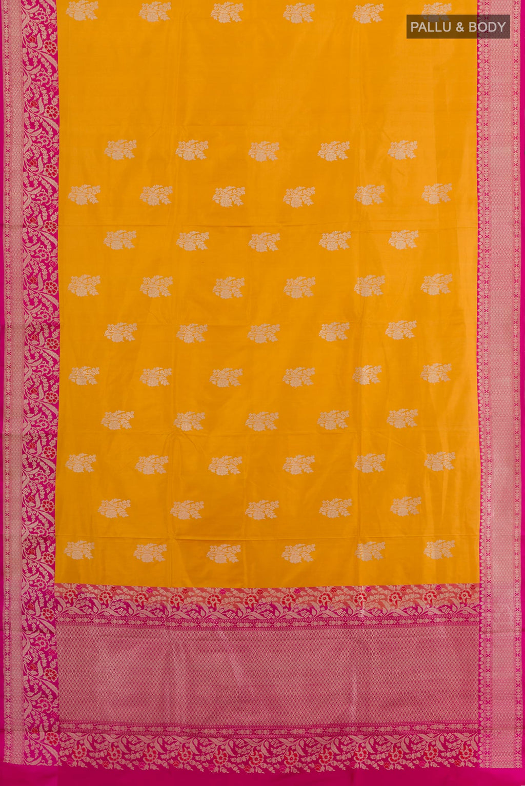 Flat view of Yellow Banarasi Katan Silk Saree with Zari Butta on the body and Zari Border. 