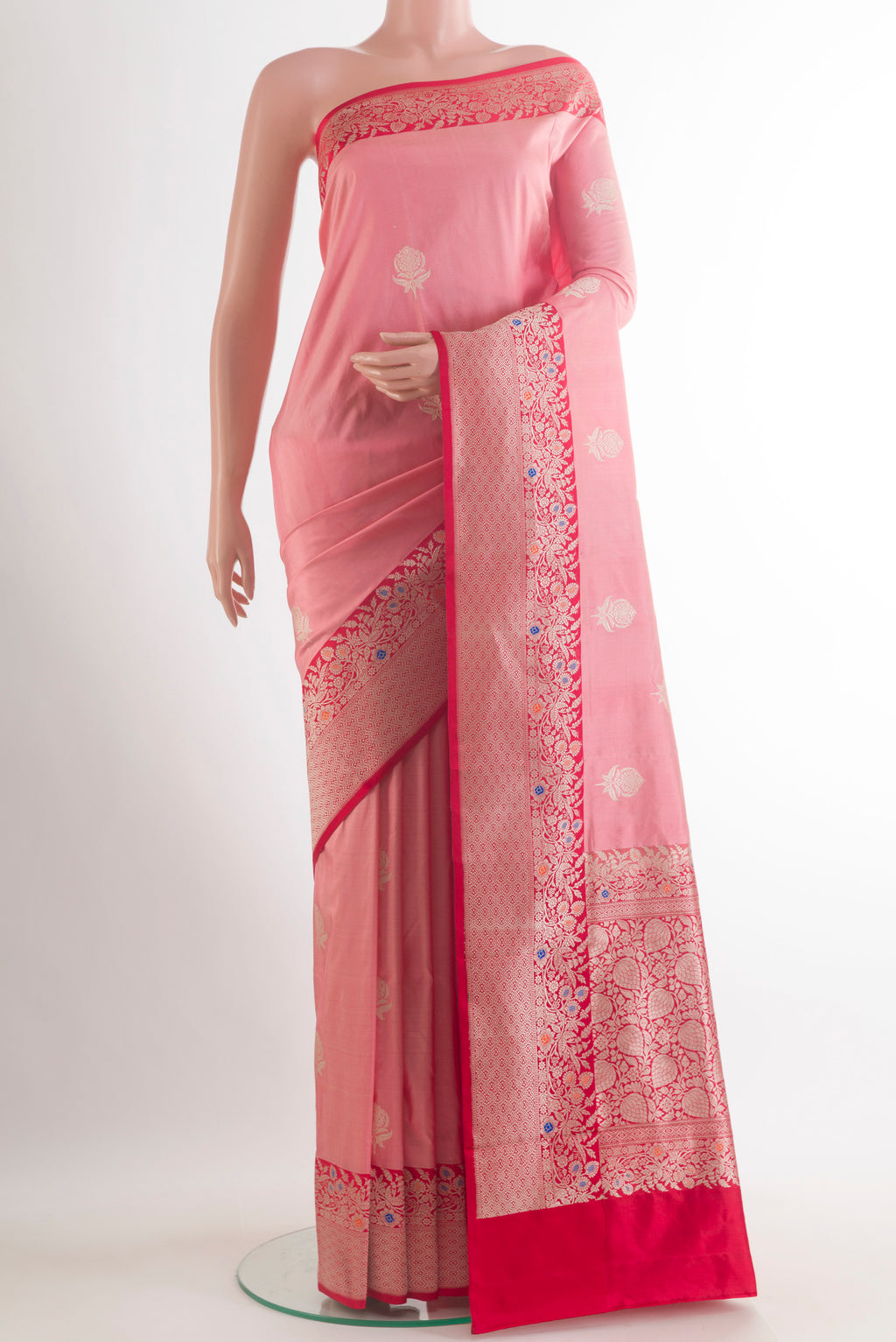 Pure Silk Rose pink Banarasi Katan Saree with Zari Butta on the body and Zari Border.  displayed on a mannequin