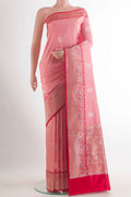 Pure Silk Rose pink Banarasi Katan Saree with Zari Butta on the body and Zari Border.  displayed on a mannequin