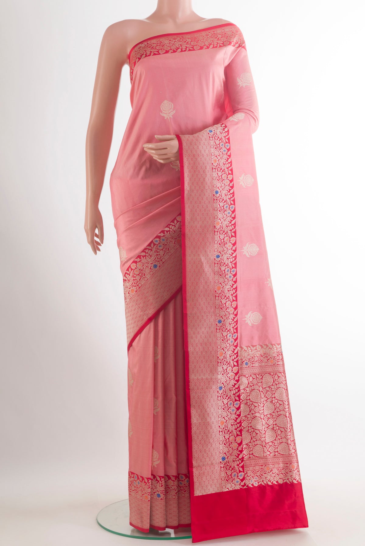 Pure Silk Rose pink Banarasi Katan Saree with Zari Butta on the body and Zari Border.  displayed on a mannequin