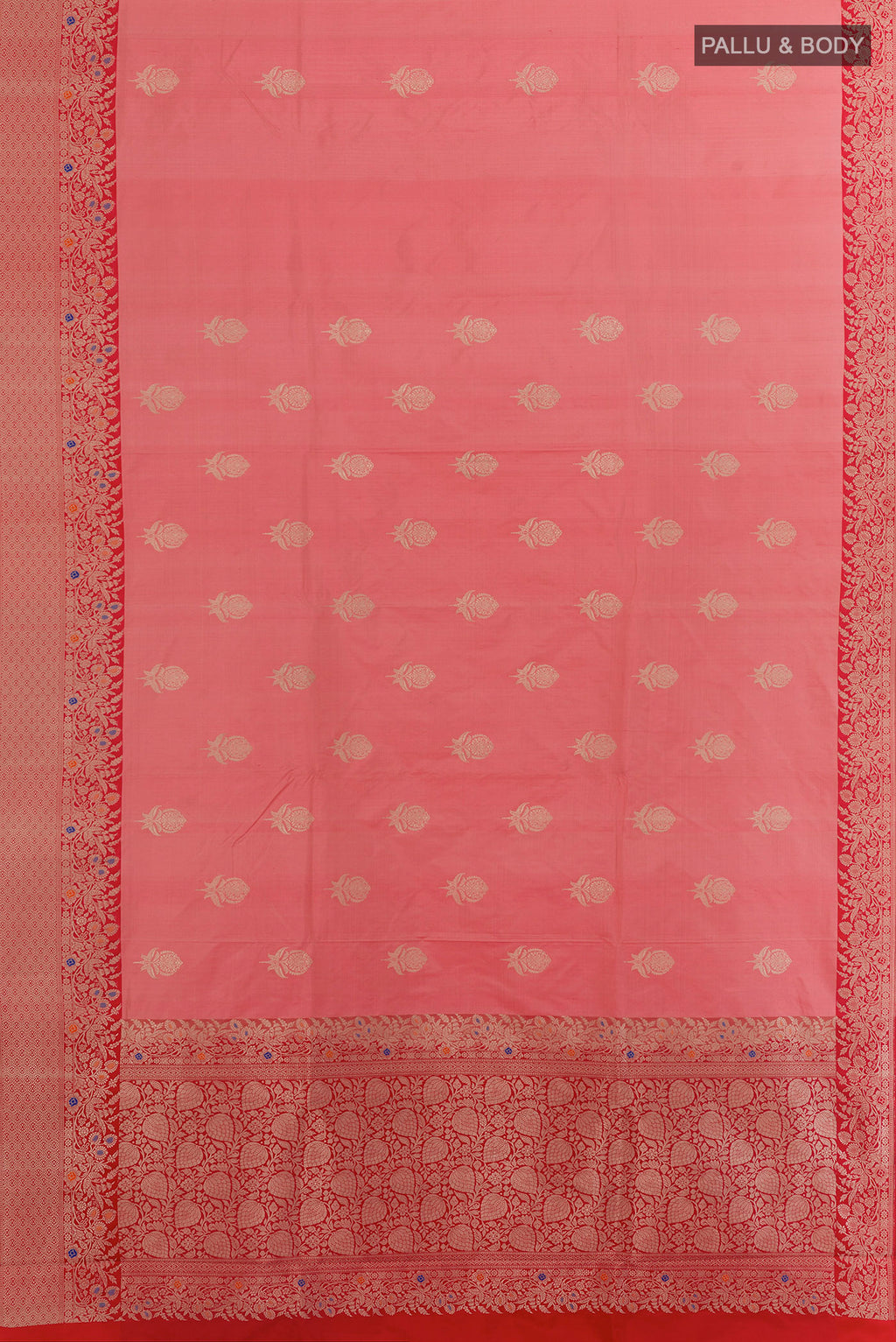 Flat view of Pure Silk Rose pink Banarasi Katan Saree with Zari Butta on the body and Zari Border. 