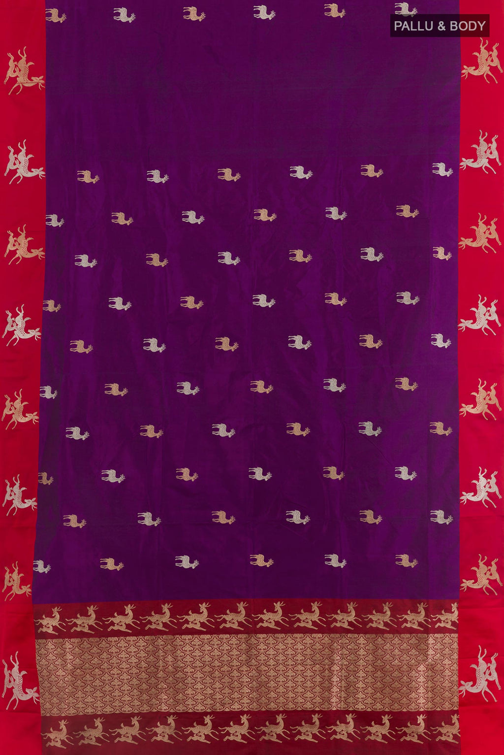 Flat view of Purple Banarasi Katan Silk Saree with Zari Butta on the body and Zari Border. 