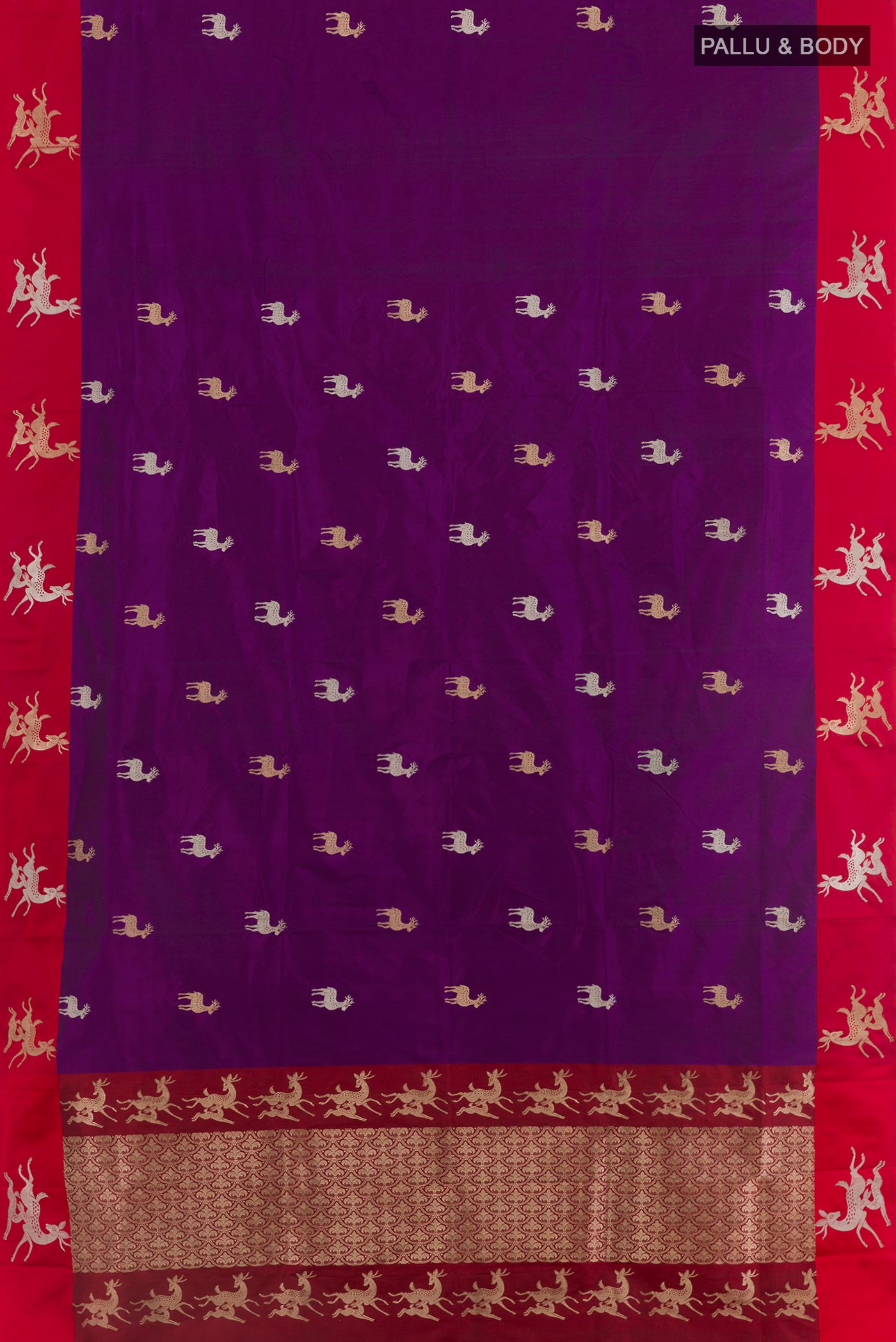 Flat view of Purple Banarasi Katan Silk Saree with Zari Butta on the body and Zari Border. 