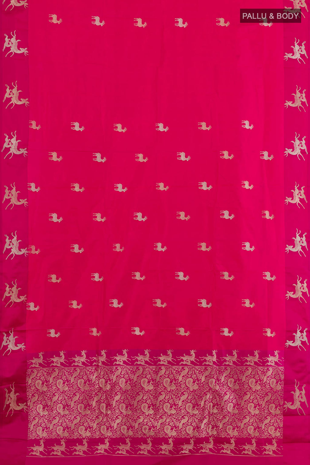 Flat view of Pink Banarasi Katan Silk Saree with Zari Butta on the body and Zari Border. 