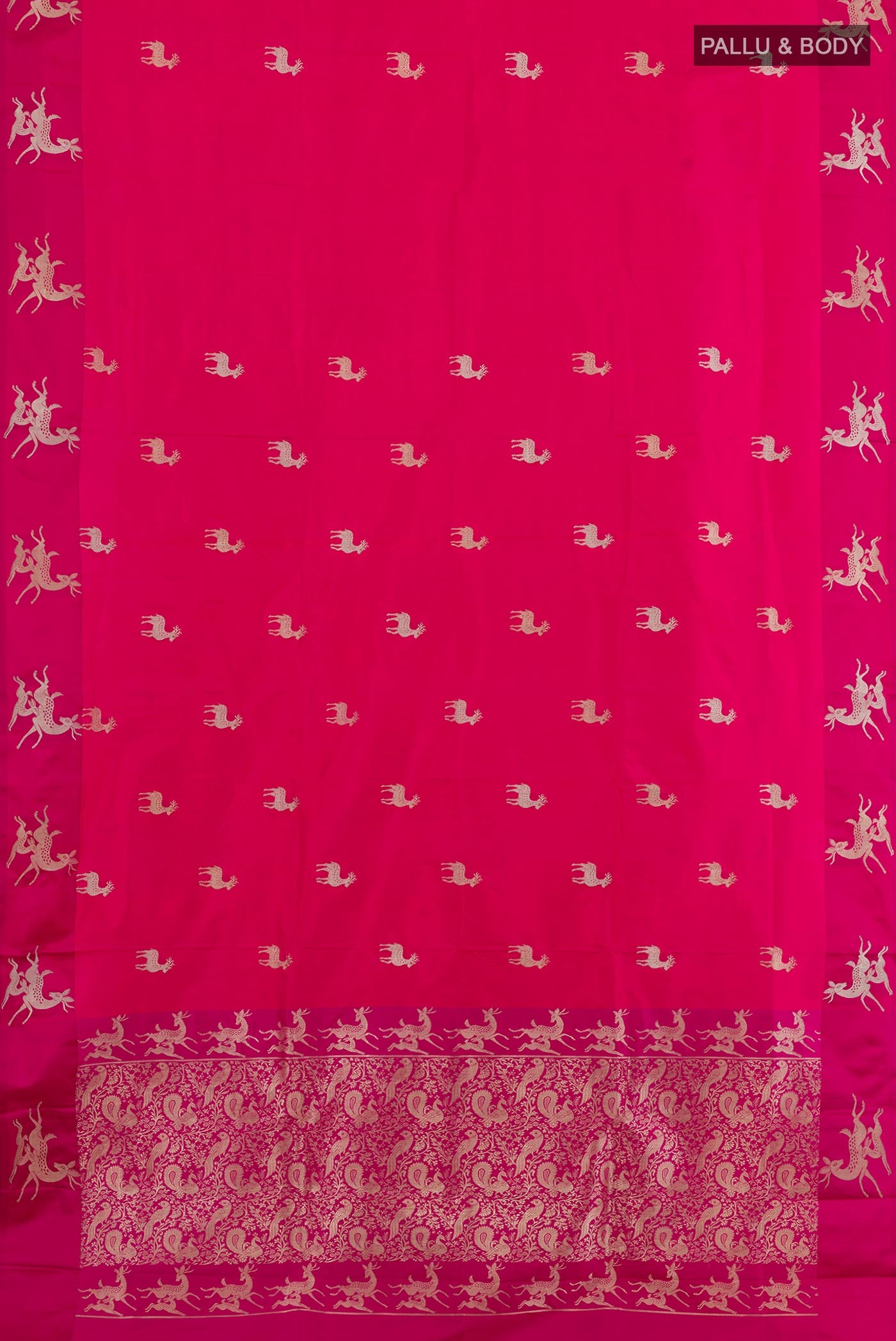 Flat view of Pink Banarasi Katan Silk Saree with Zari Butta on the body and Zari Border. 