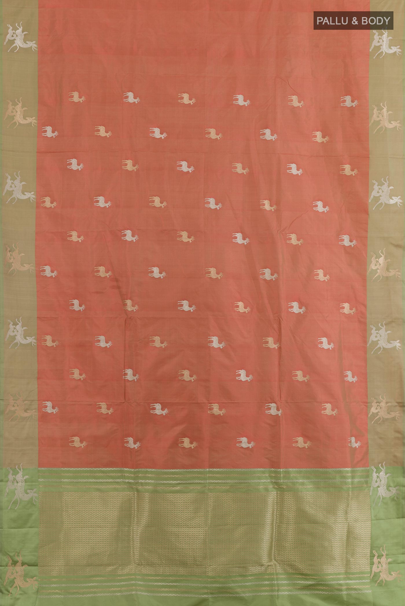 Flat view of Peach Banarasi Katan Silk Saree with Zari Butta on the body and Zari Border. 