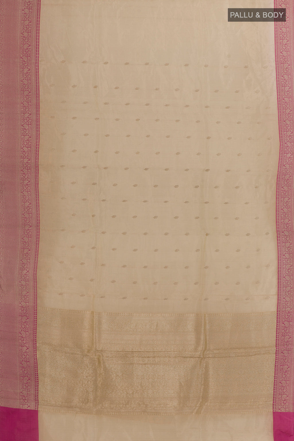 Flat view of Pure Silk Beige Banarasi Kora Saree with Zari Butta on the body and Zari Border. 