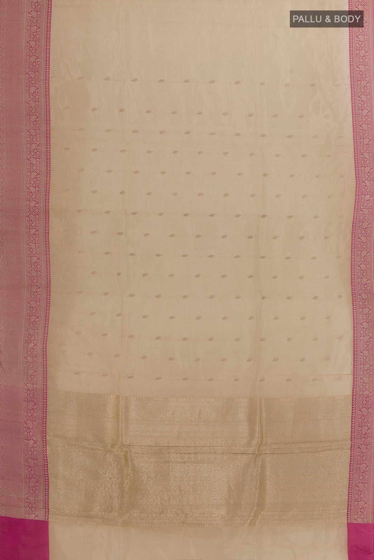Flat view of Pure Silk Beige Banarasi Kora Saree with Zari Butta on the body and Zari Border. 
