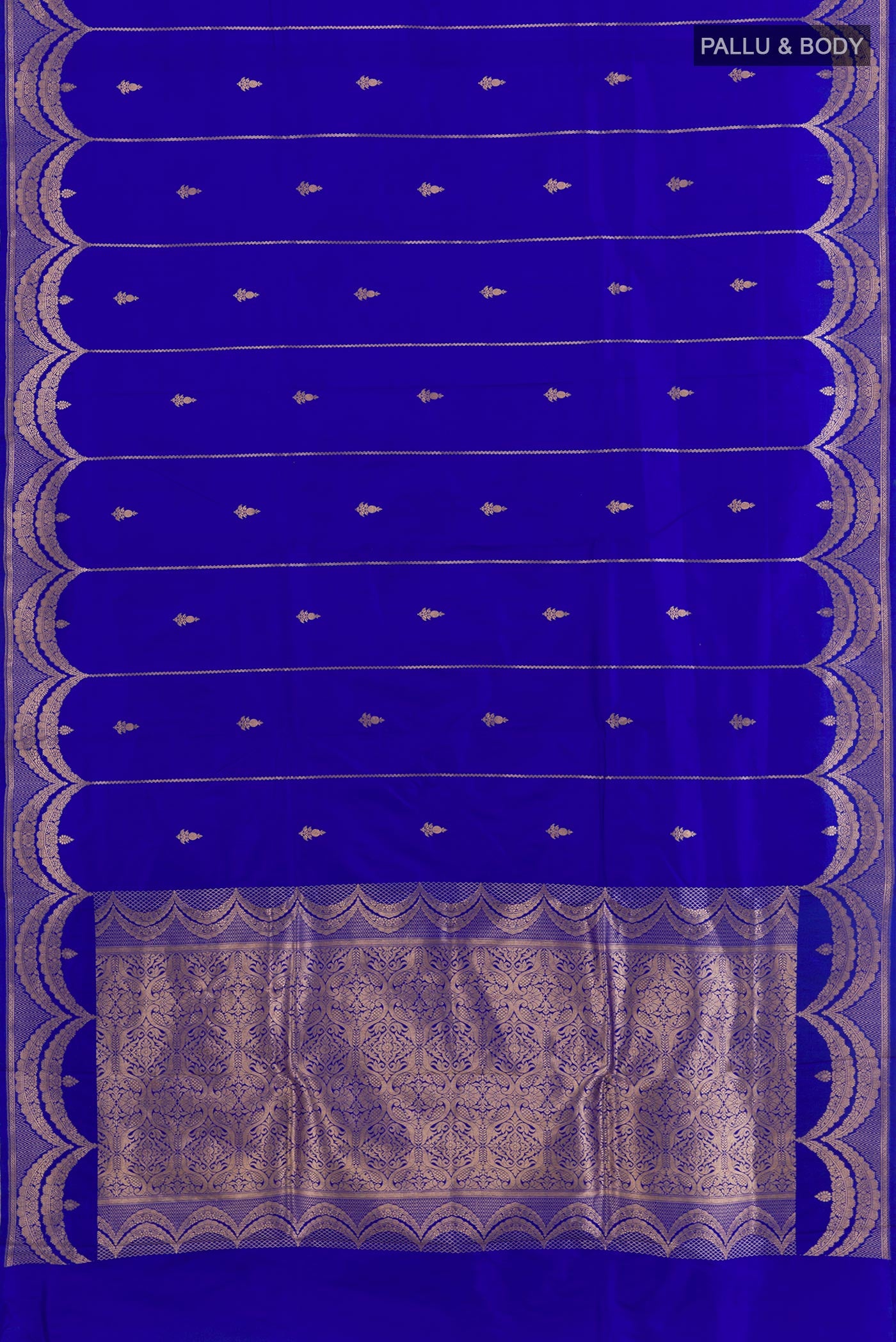 Flat view of Blue Banarasi Katan Silk Saree with Zari Butta on the body and Zari Border. 