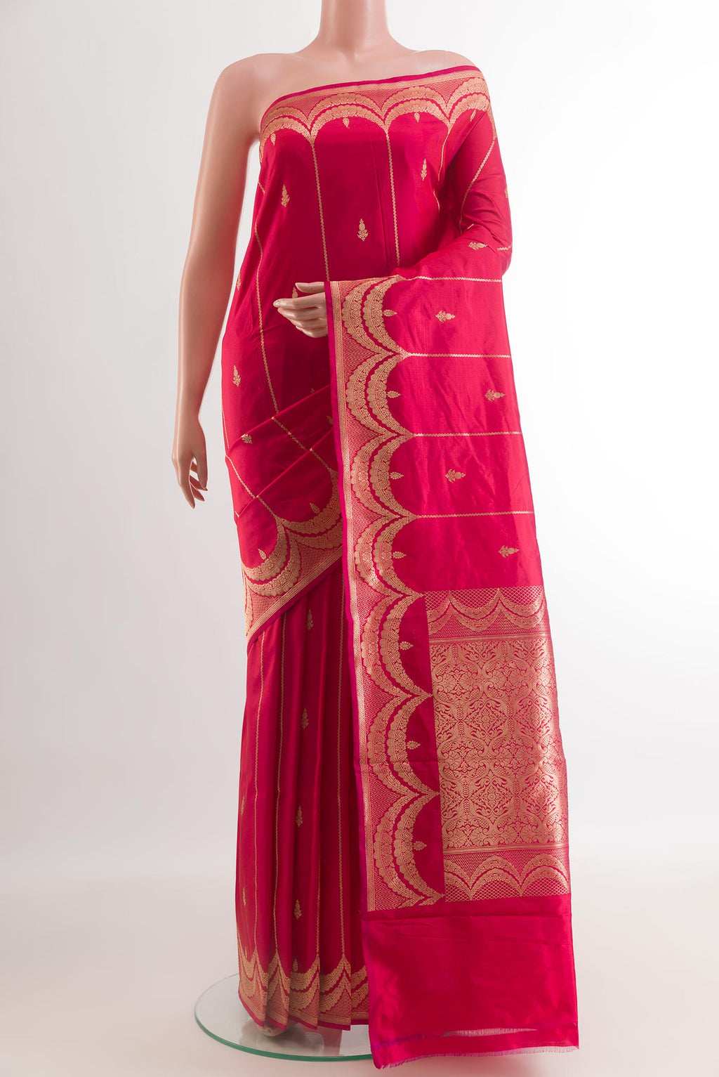 Pink Banarasi Katan Silk Saree with Zari Butta on the body and Zari Border.  displayed on a mannequin