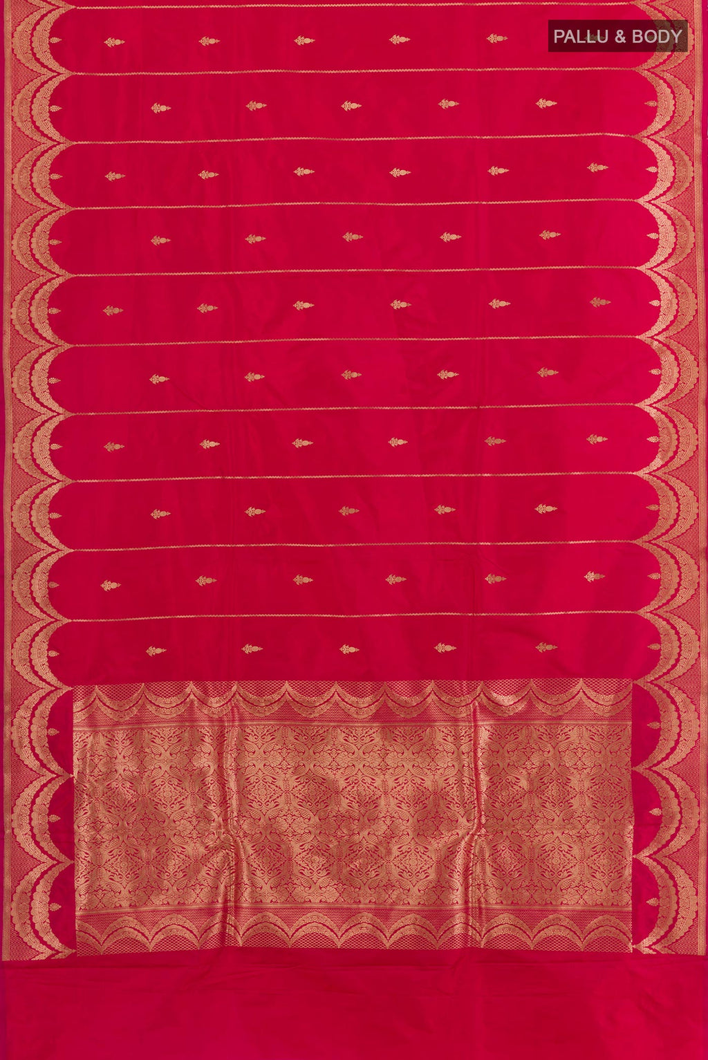 Flat view of Pink Banarasi Katan Silk Saree with Zari Butta on the body and Zari Border. 
