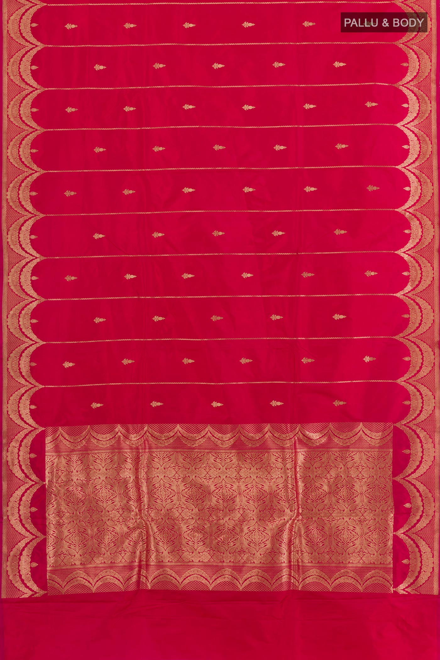 Flat view of Pink Banarasi Katan Silk Saree with Zari Butta on the body and Zari Border. 