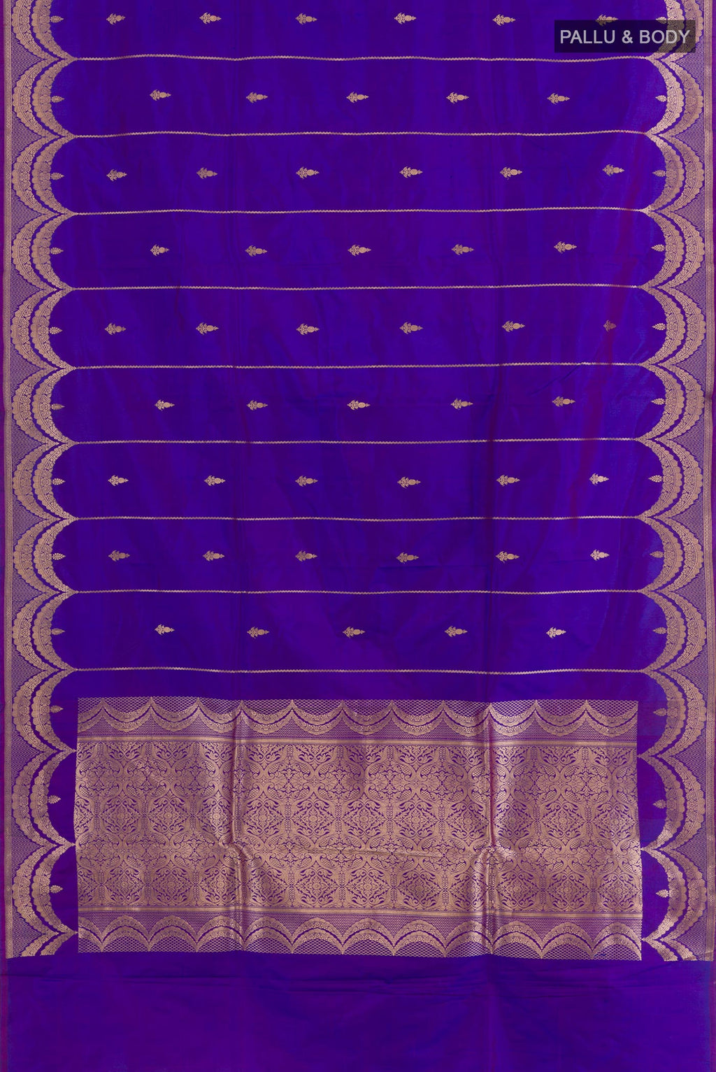 Flat view of Royal Blue Banarasi Katan Silk Saree with Zari Butta on the body and Zari Border. 