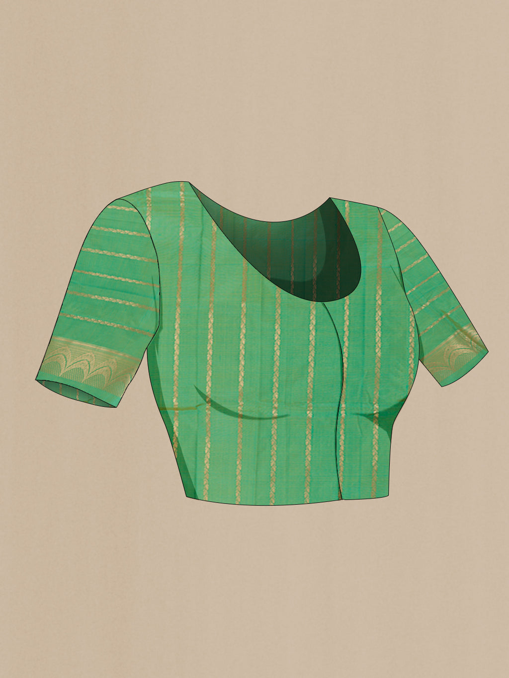 Close up image of the blouse of Green Banarasi Katan Silk Saree with Zari Butta on the body and Zari Border. 