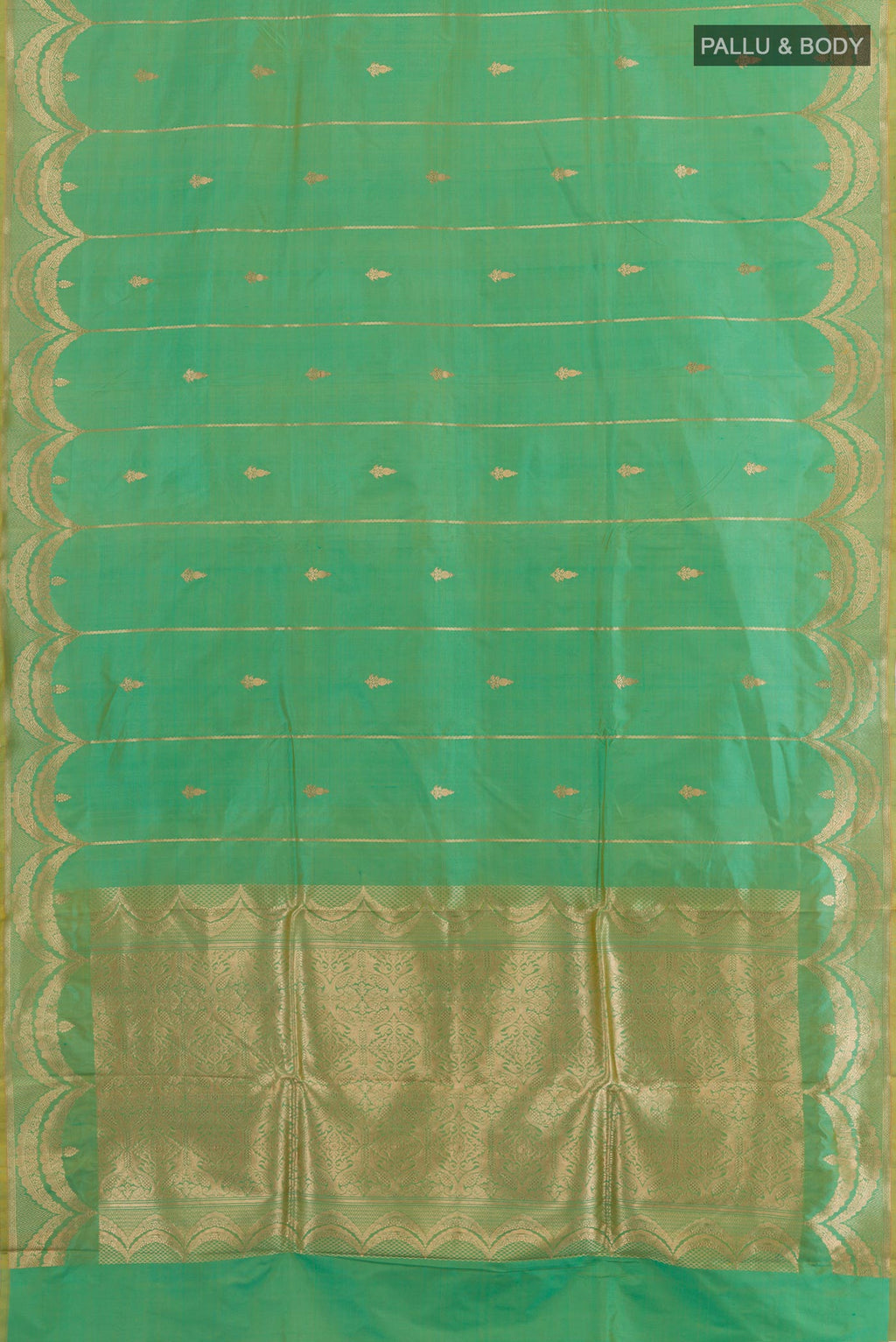 Flat view of Green Banarasi Katan Silk Saree with Zari Butta on the body and Zari Border. 