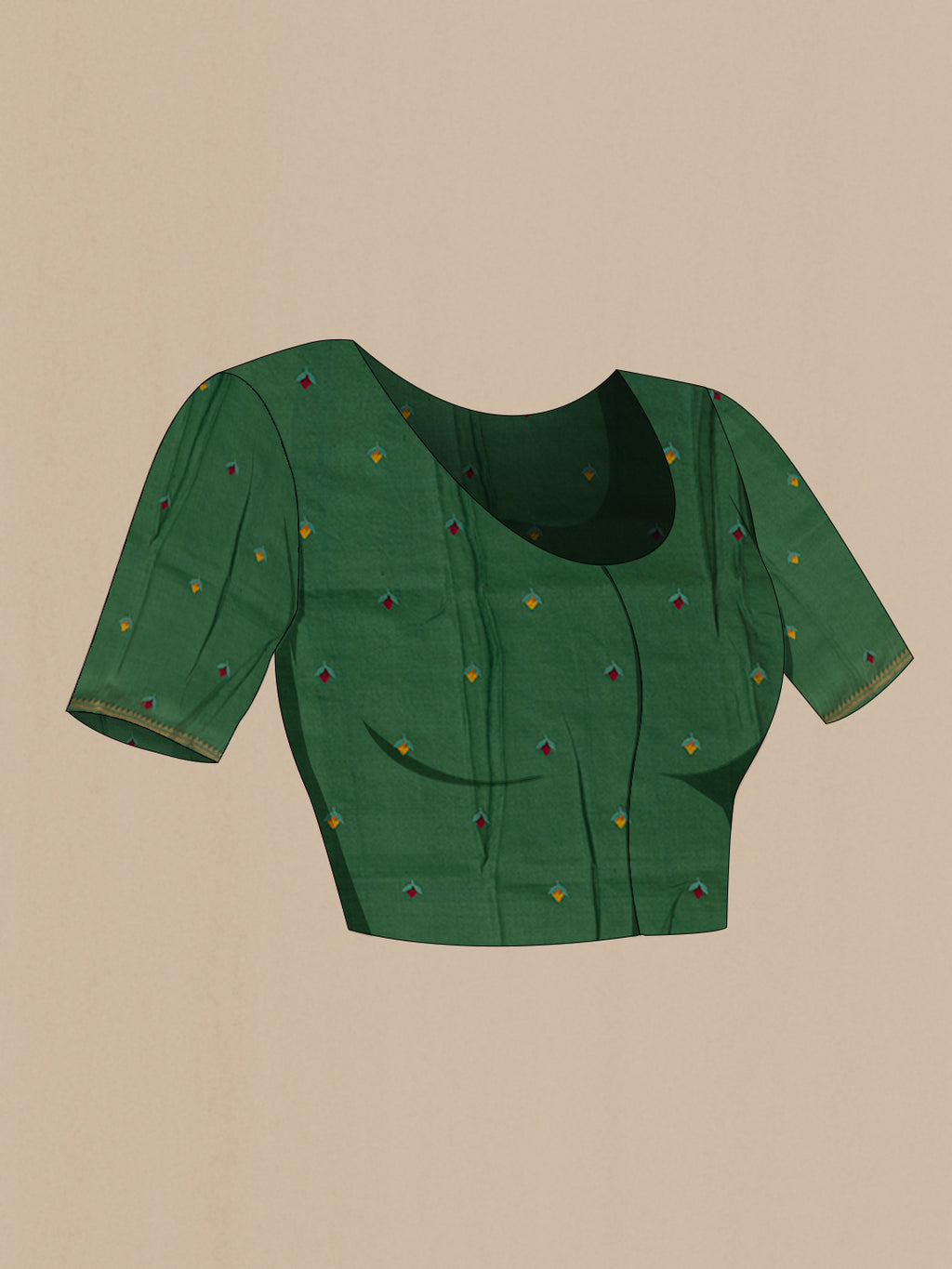 Close up image of the blouse of Green Tussar Silk Saree with Embroidery on the body and Zari Border. 
