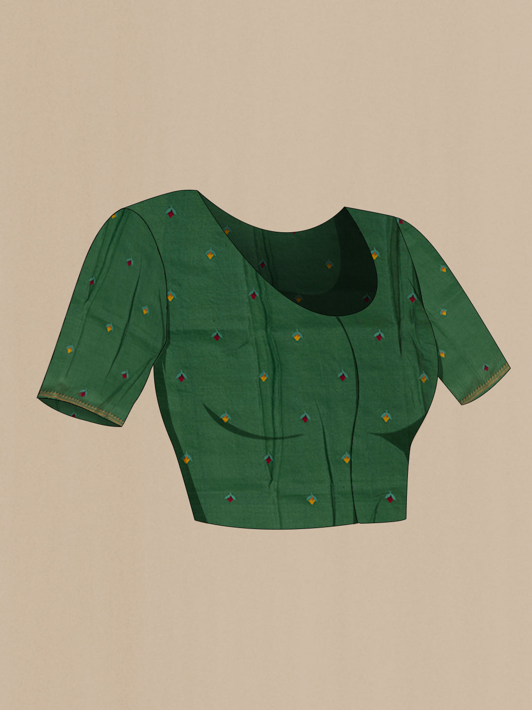 Close up image of the blouse of Green Tussar Silk Saree with Embroidery on the body and Zari Border. 