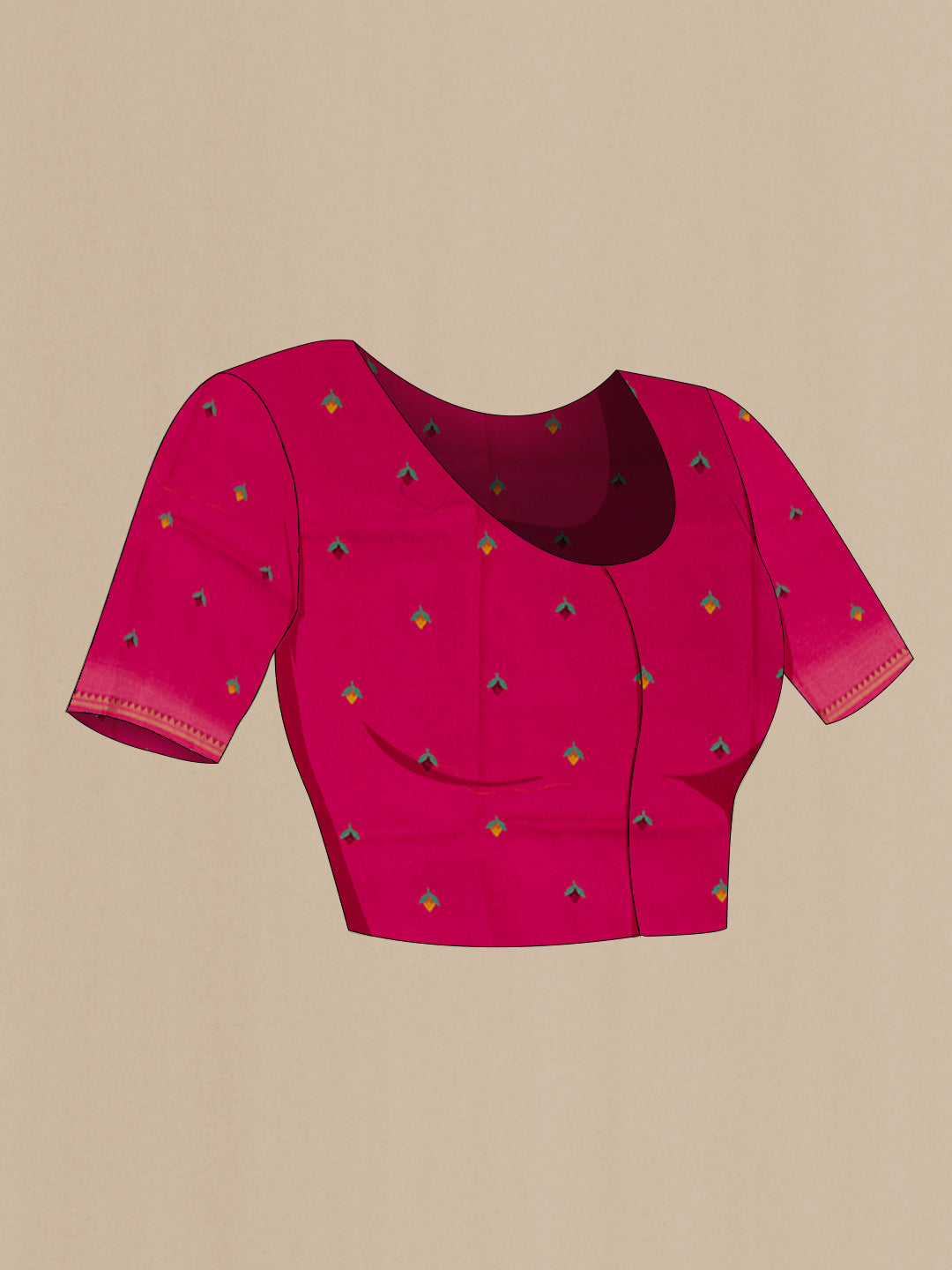 Close up image of the blouse of Pink Tussar Silk Saree with Embroidery on the body and Zari Border. 