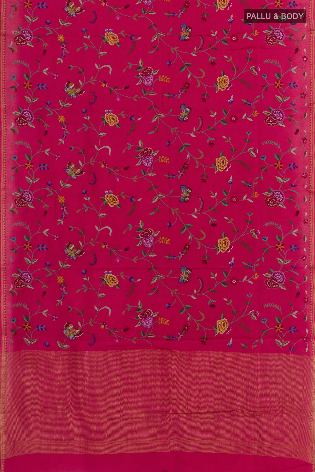 Flat view of Pink Tussar Silk Saree with Embroidery on the body and Zari Border. 