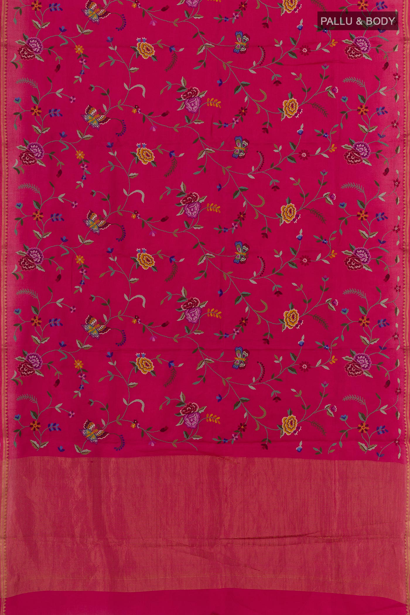 Flat view of Pink Tussar Silk Saree with Embroidery on the body and Zari Border. 