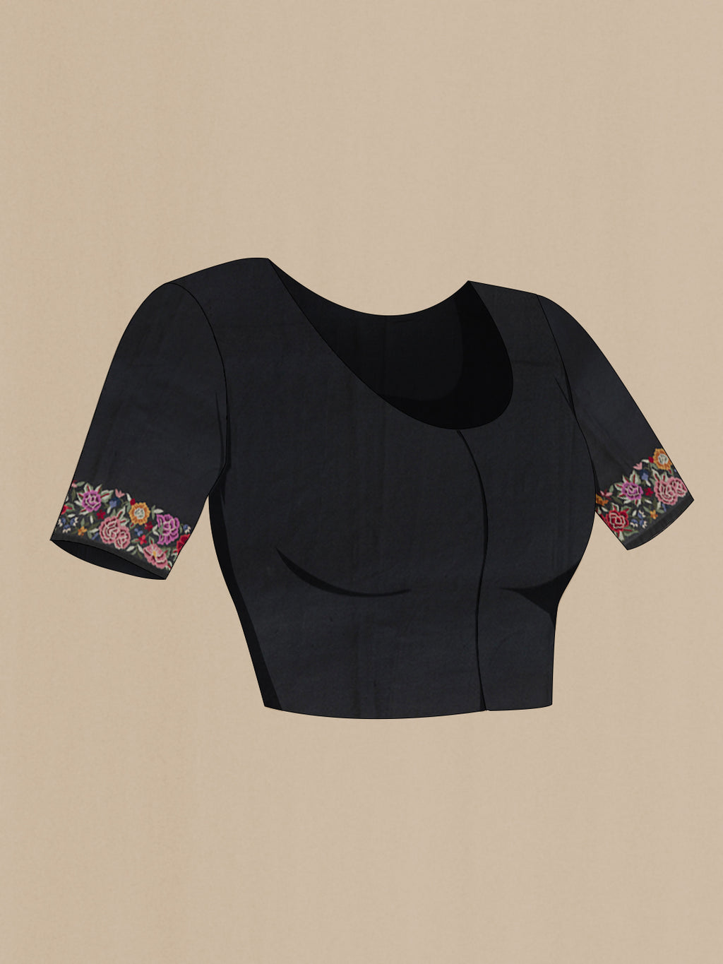 Close up image of the blouse of Black Tussar Silk Saree with Embroidery on the body and Embroidery Border. 