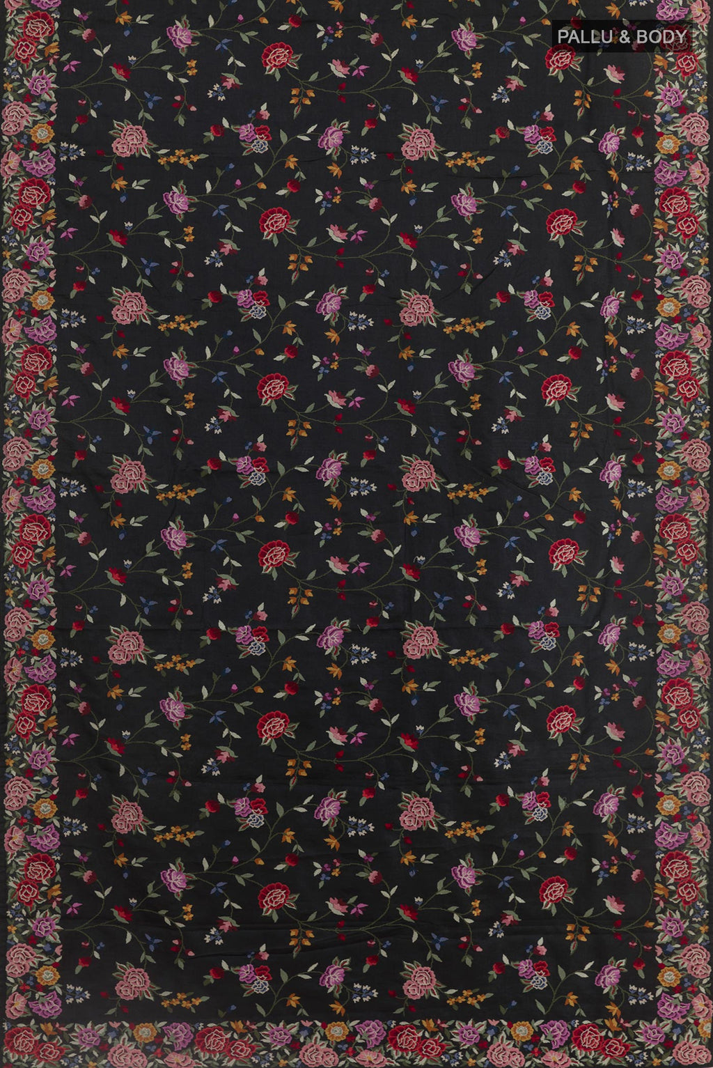 Flat view of Black Tussar Silk Saree with Embroidery on the body and Embroidery Border. 