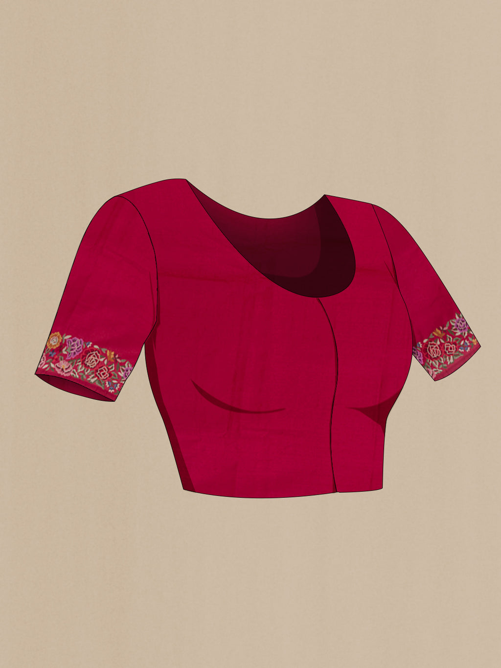 Close up image of the blouse of Red Tussar Silk Saree with Embroidery on the body and Embroidery Border. 