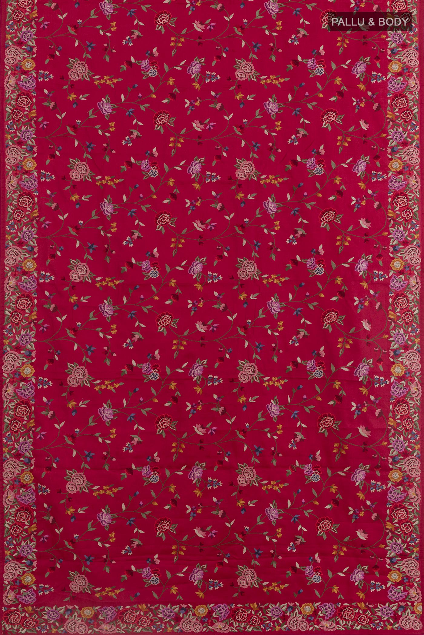 Flat view of Red Tussar Silk Saree with Embroidery on the body and Embroidery Border. 