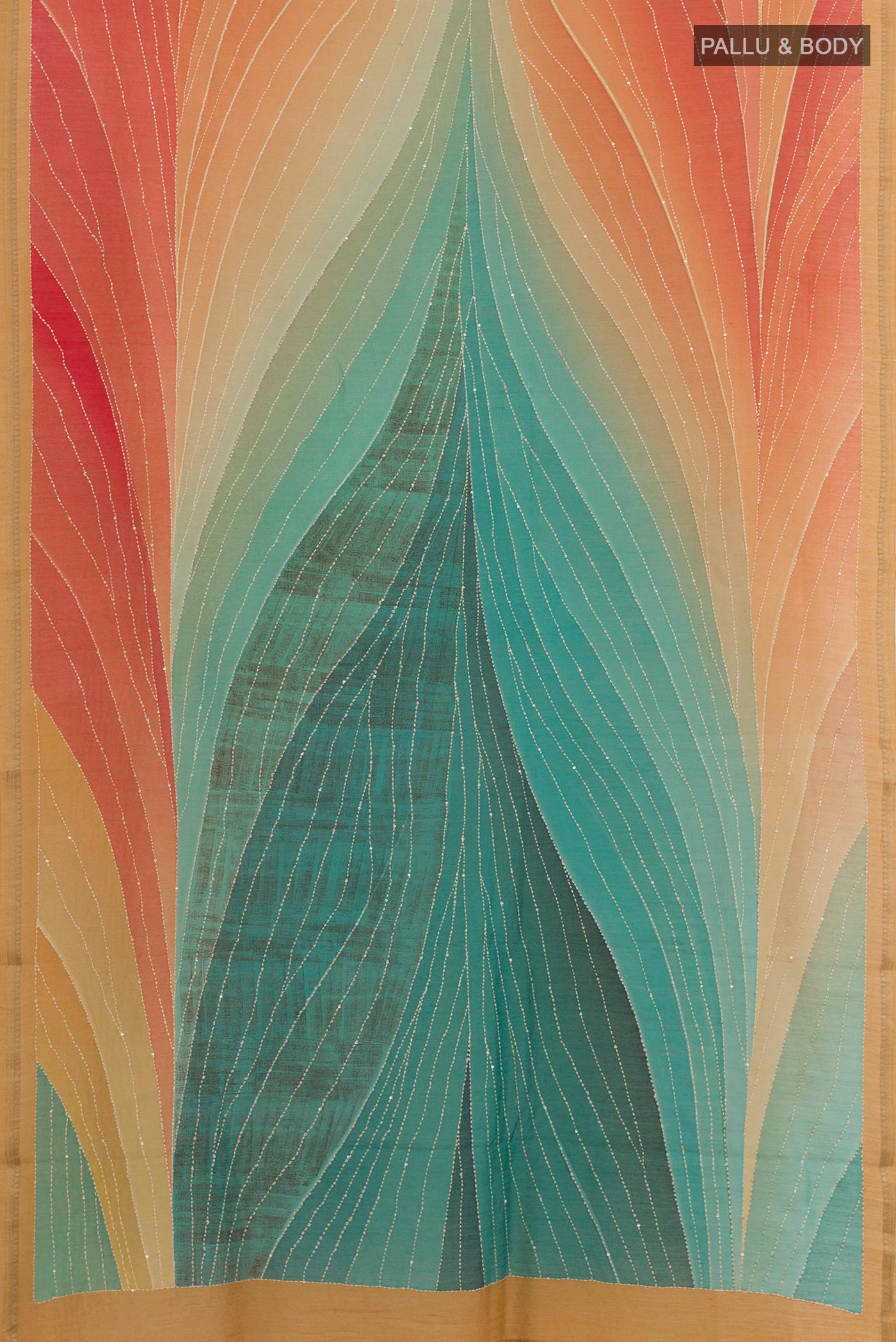 Flat view of Multi Color Tussar Silk Saree with Embroidery on the body and Zari Border. 