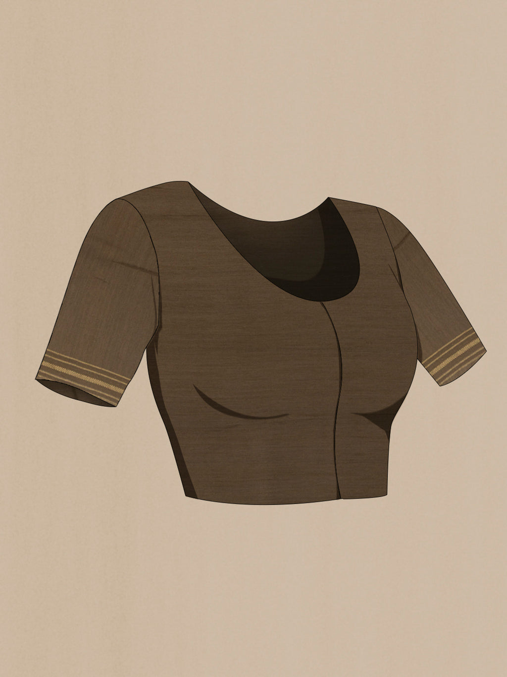 Close up image of the blouse of Beige Tussar Saree with Embroidery on the body and Zari Border. 