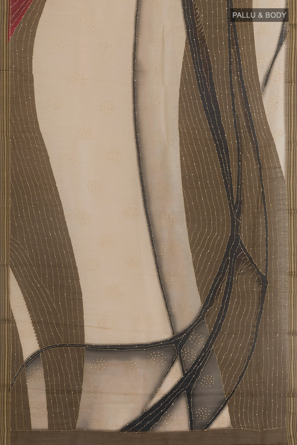 Flat view of Beige Tussar Saree with Embroidery on the body and Zari Border. 