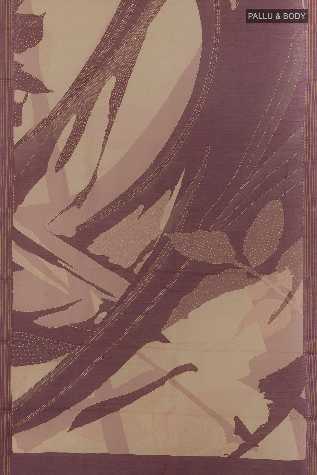 Flat view of Off White Tussar Saree with Printed design on the body and Zari Border. 