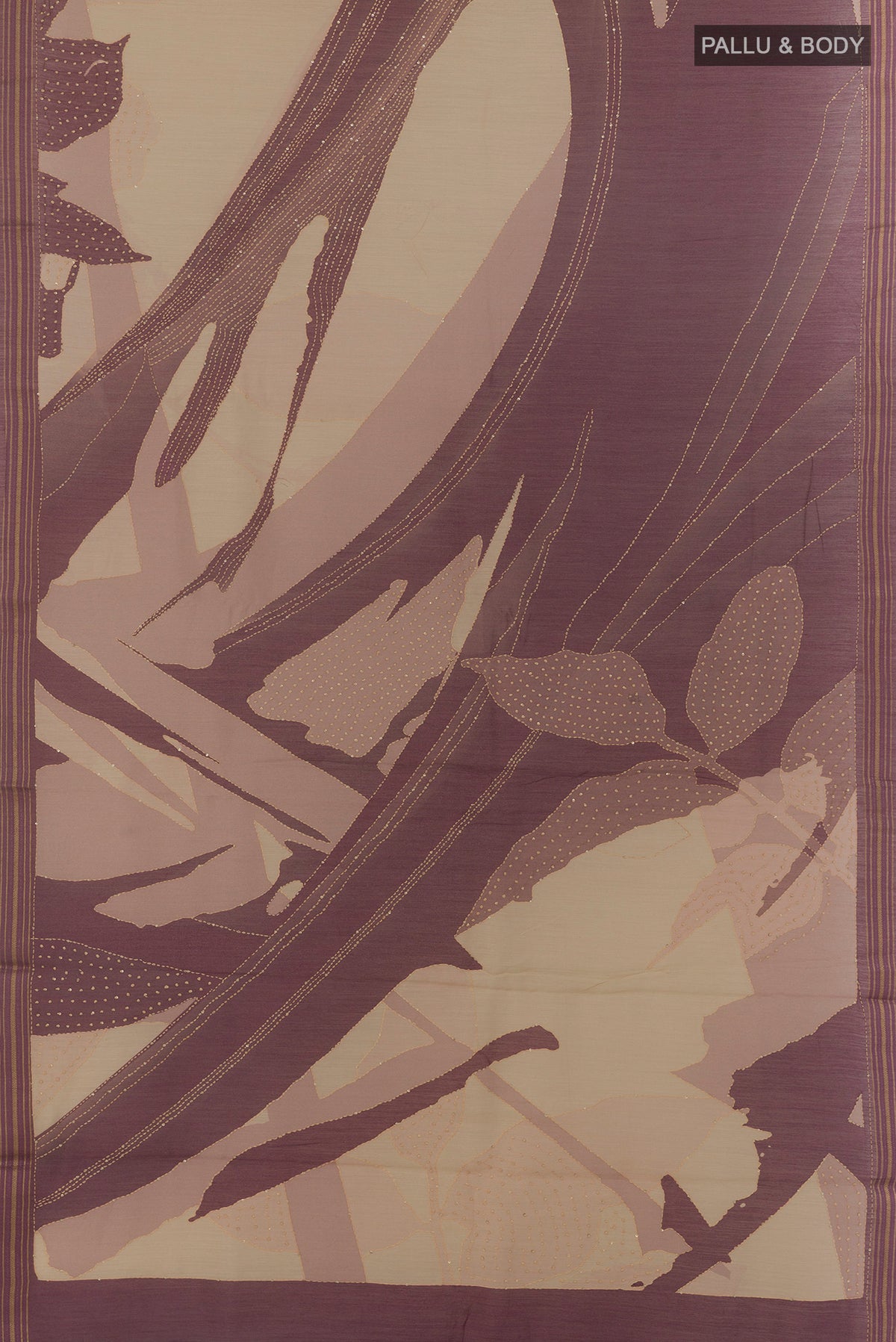 Flat view of Off White Tussar Saree with Printed design on the body and Zari Border. 