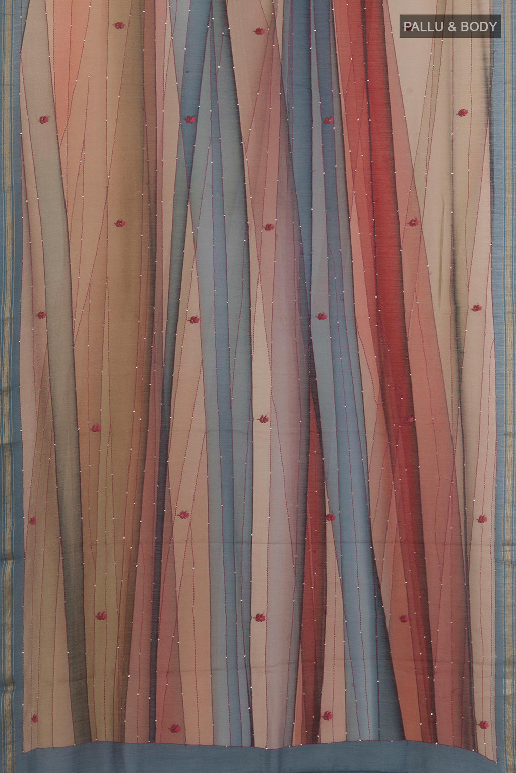 Flat view of Multi Color Tussar Silk Saree with Embroidery on the body and Zari Border. 