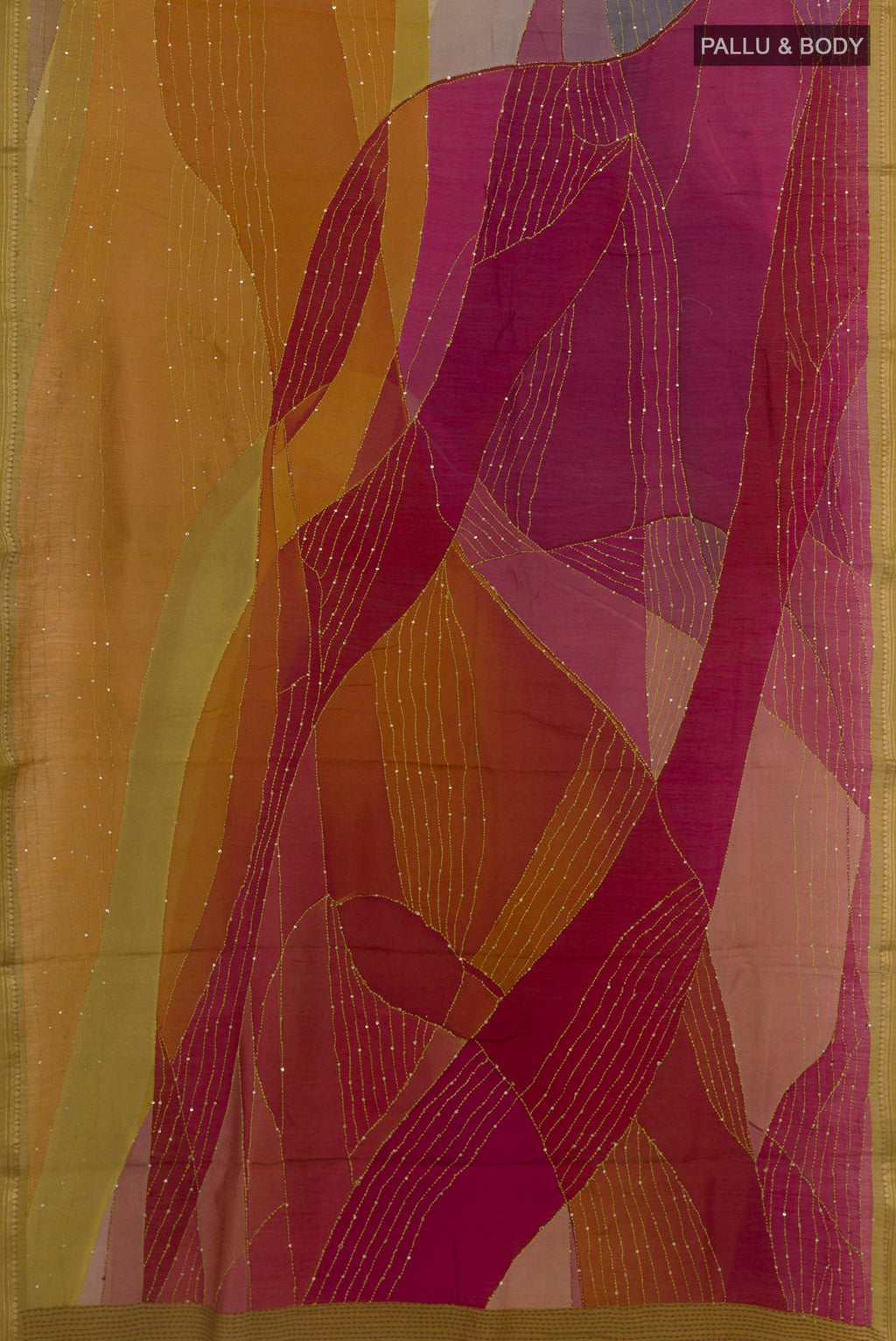 Flat view of Multi Color Tussar Silk Saree with Embroidery on the body and Zari Border. 