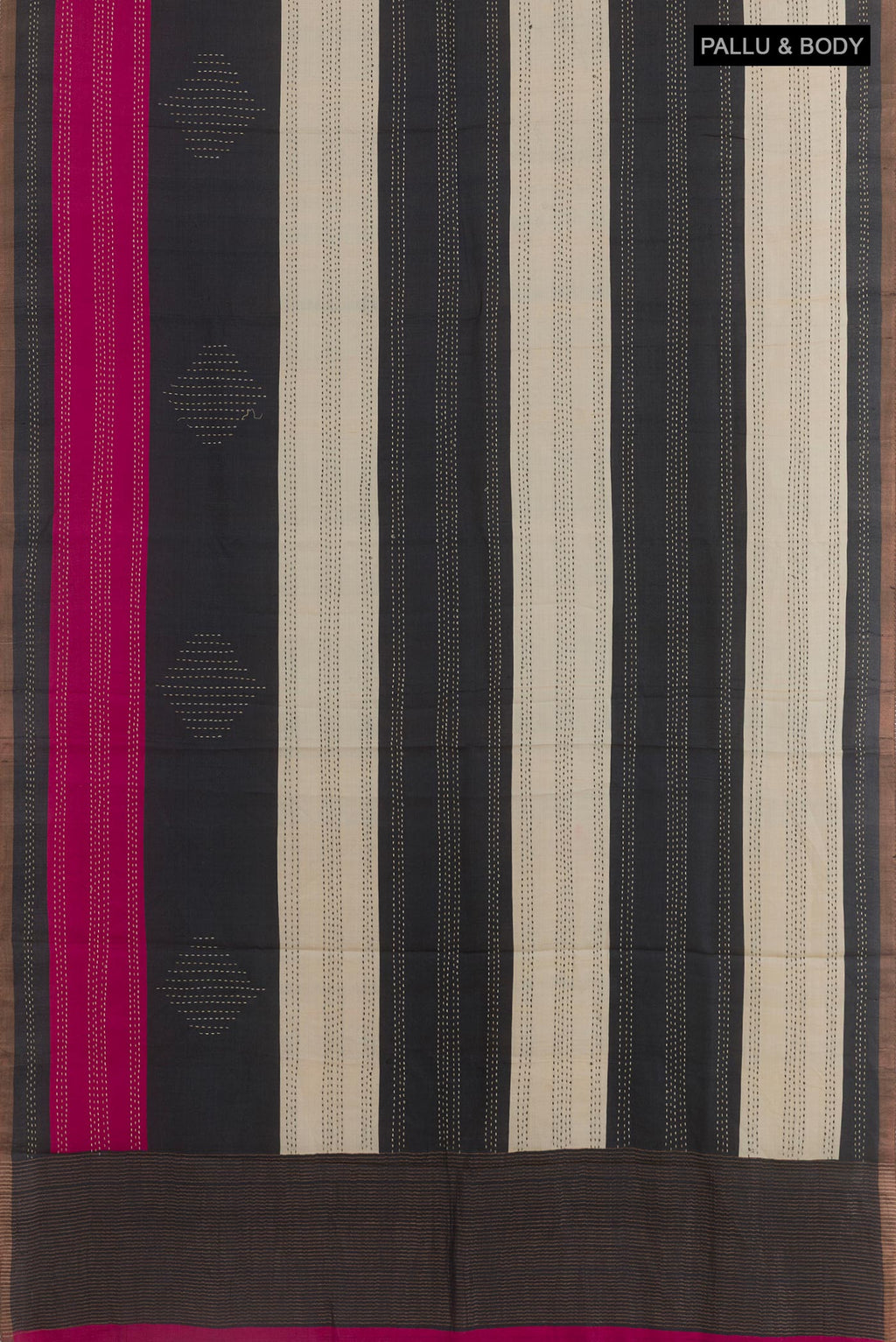 Flat view of Multi Color Tussar Silk Saree with Embroidery on the body and Zari Border. 