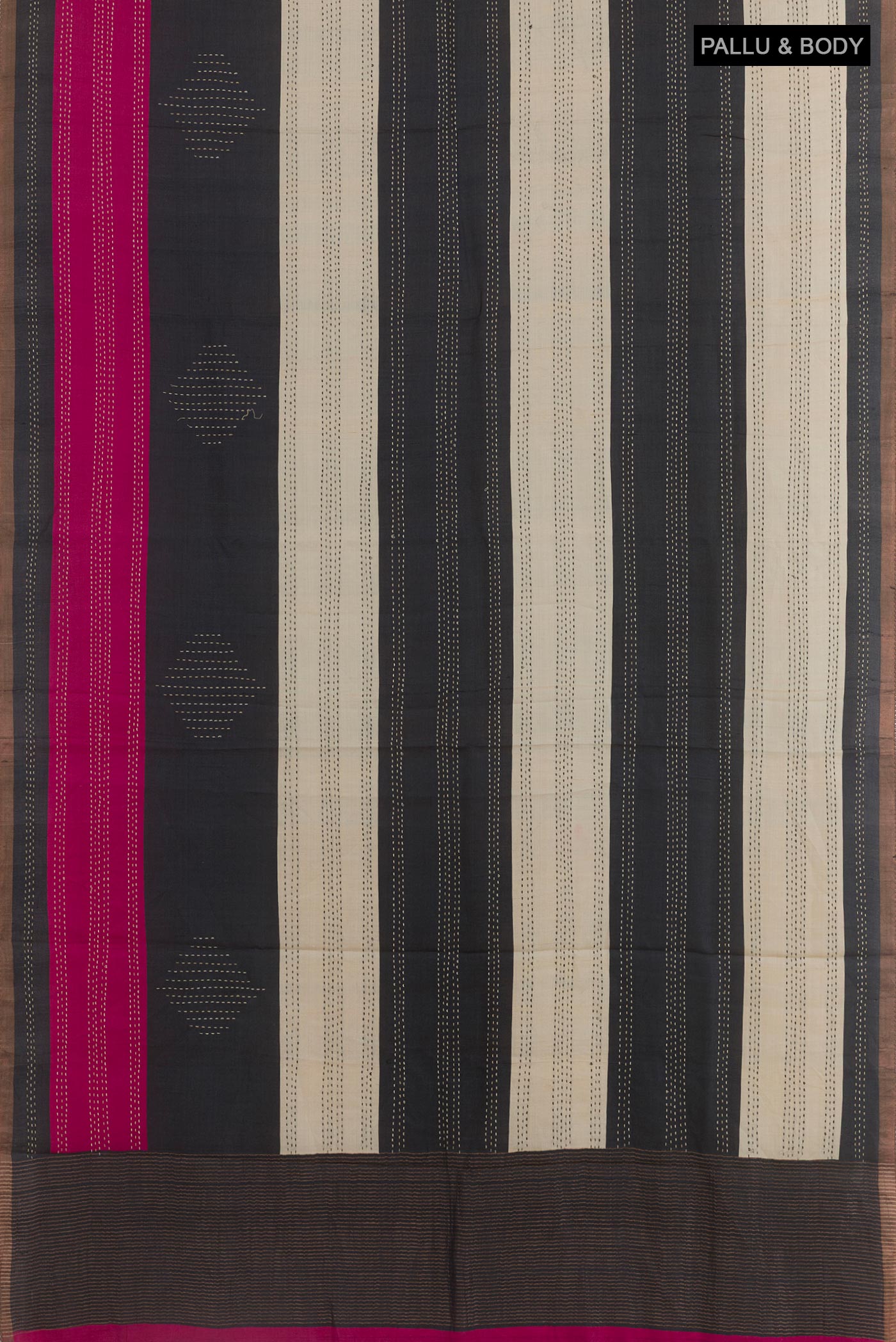 Flat view of Multi Color Tussar Silk Saree with Embroidery on the body and Zari Border. 