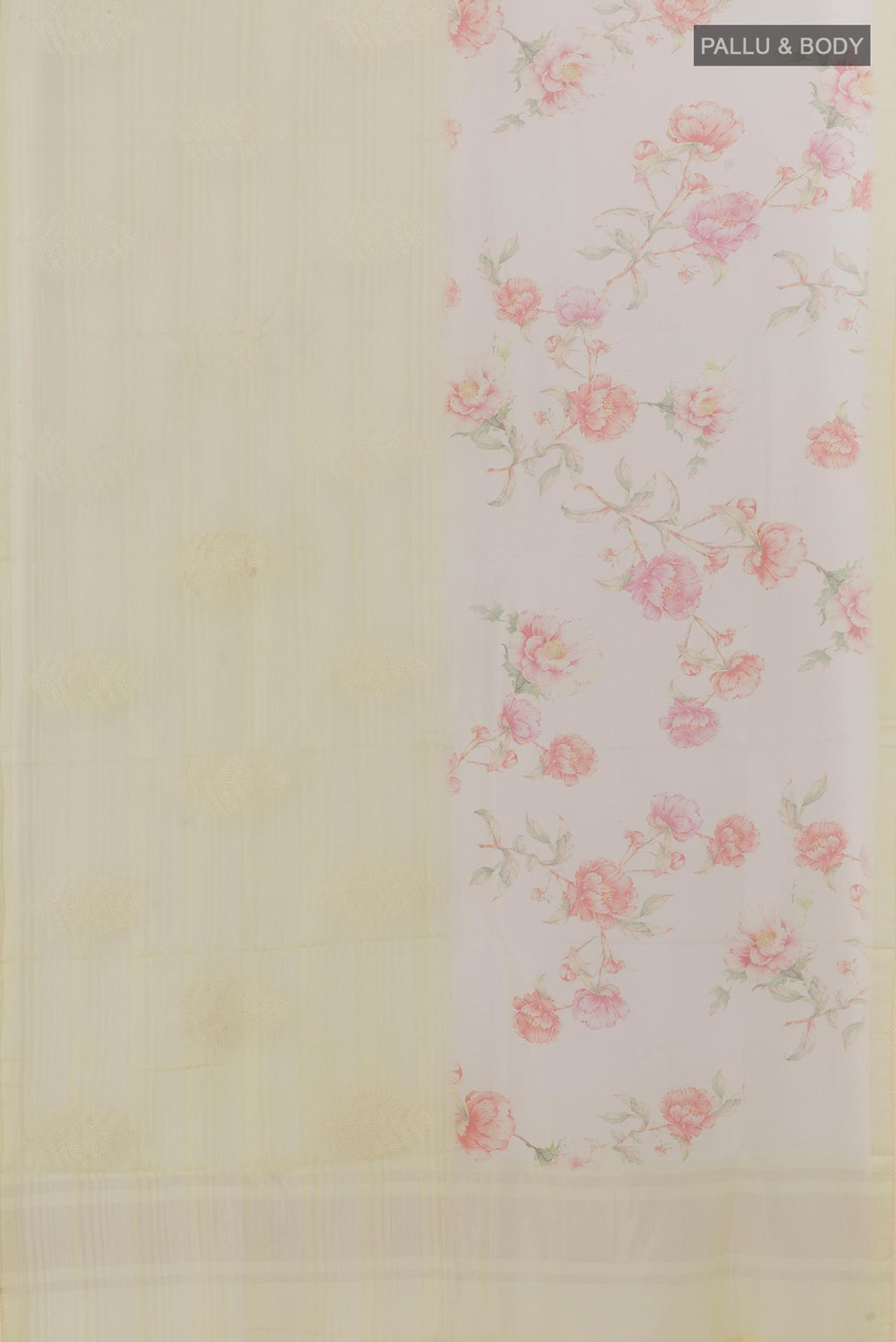 Flat view of Off White Organza Silk Saree with Embroidery on the body and Embroidery Border. 