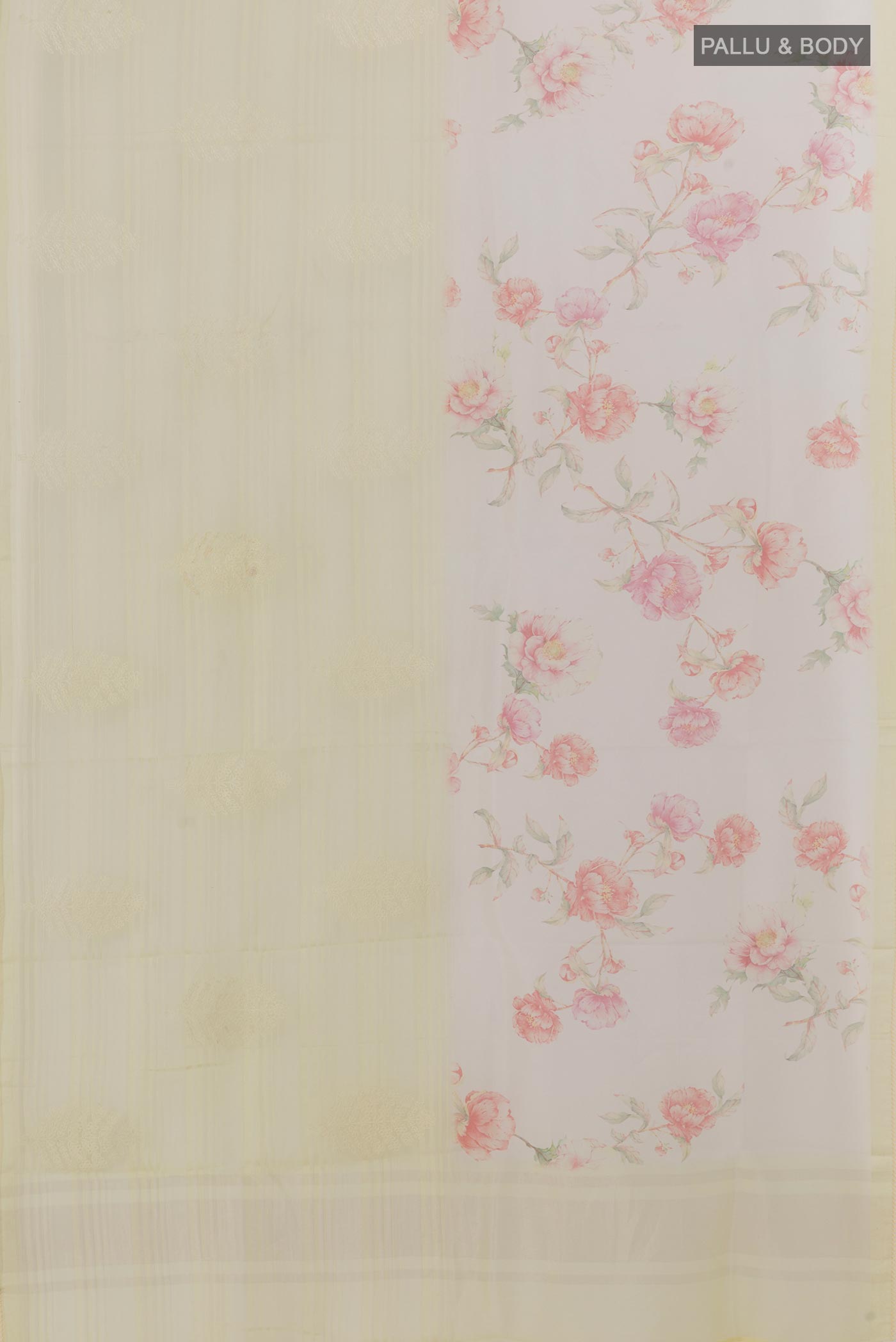 Flat view of Off White Organza Silk Saree with Embroidery on the body and Embroidery Border. 