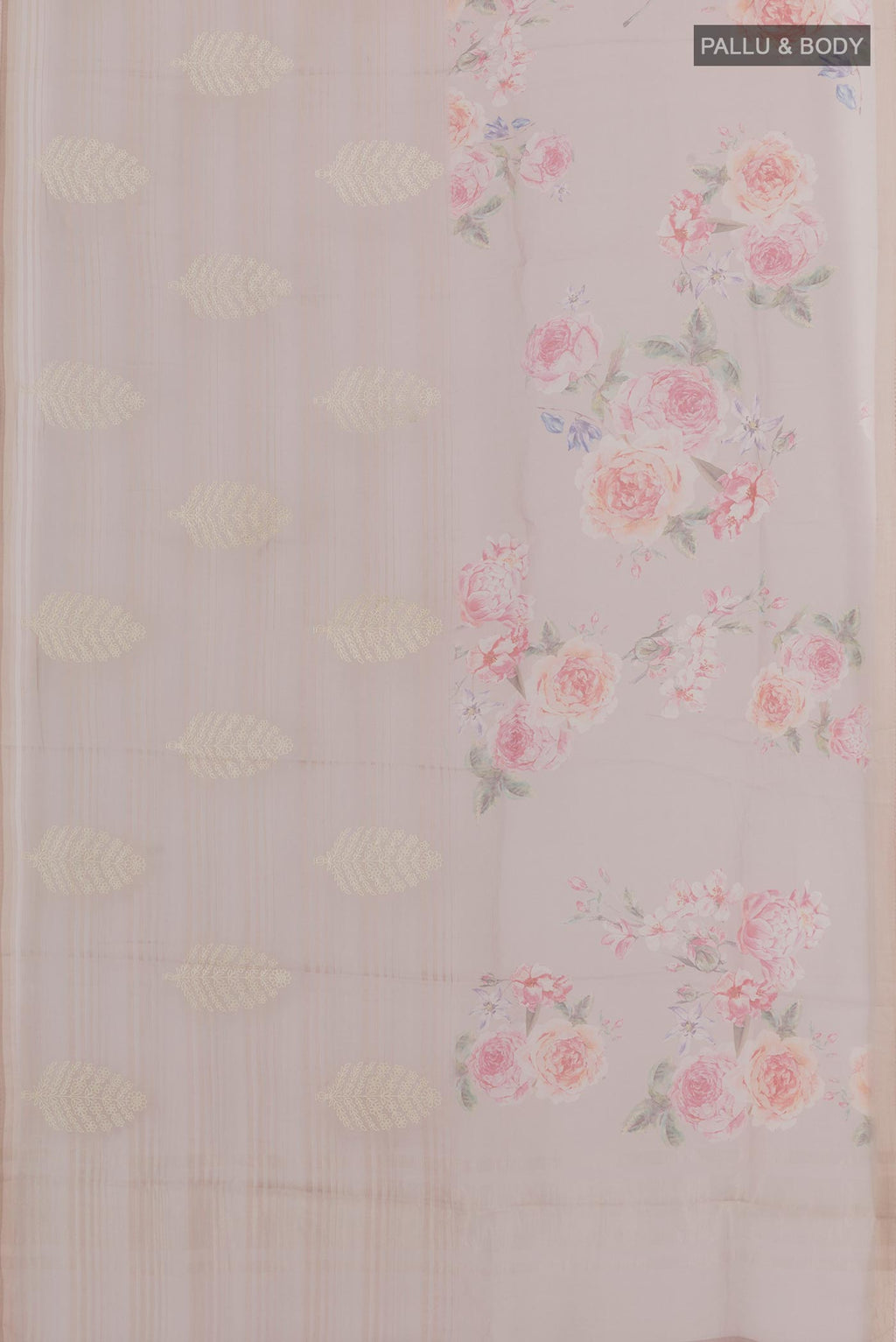 Flat view of Lavender Organza Silk Saree with Floral Print on the body and Embroidery Border. 