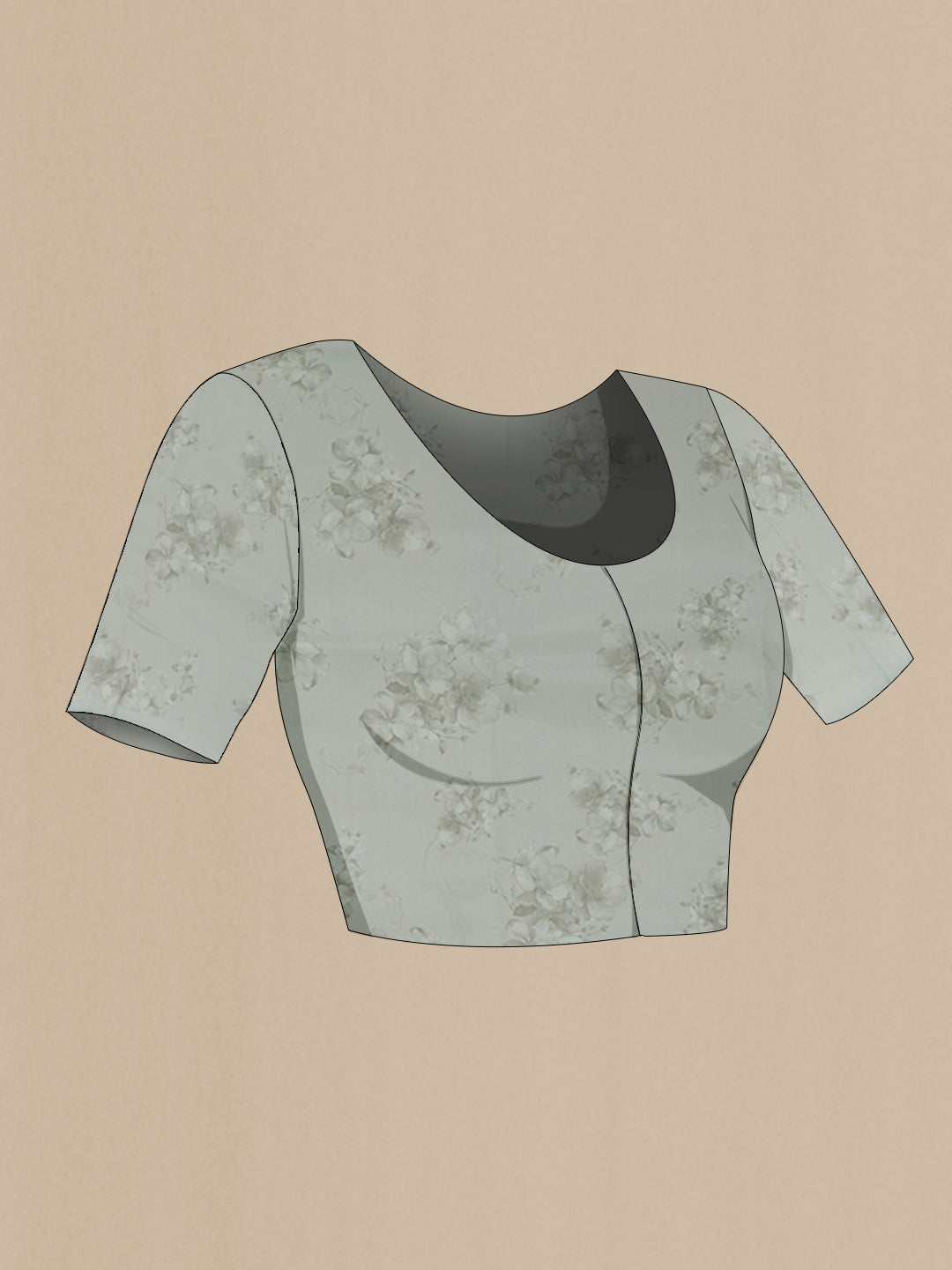 Close up image of the blouse of Grey Organza Silk Saree with Floral Print on the body and Embroidery Border. 