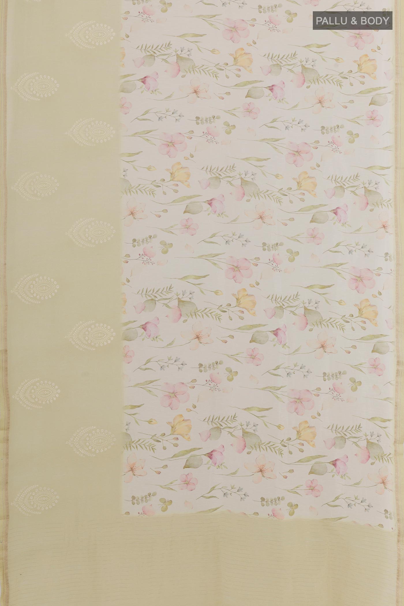 Flat view of Off White Linen Saree with Floral Print on the body and Zari Border. 