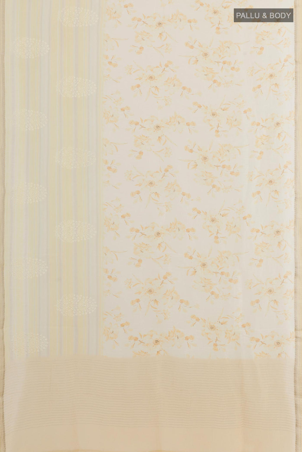 Flat view of Off White Linen Saree with Floral Print on the body and Zari Border. 